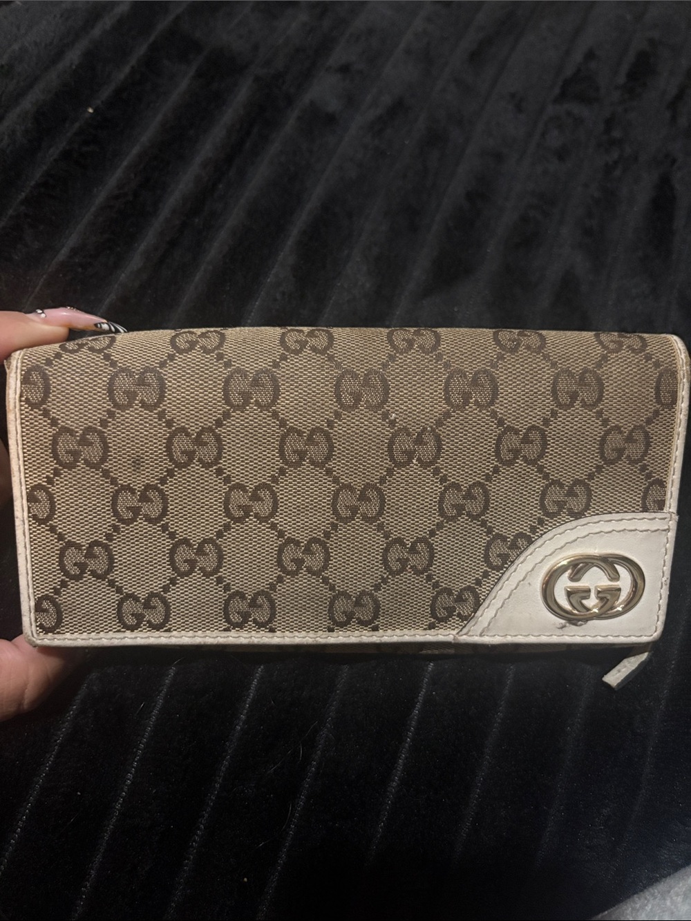 Gucci Beige Brown GG Supreme Canvas Wallet with White Trim and Gold Logo